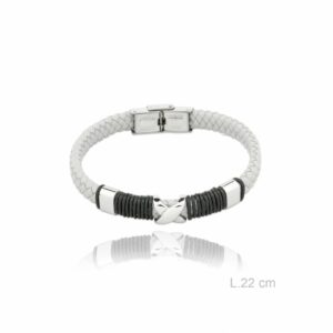 Pulsera acero y cuero blanco grabable con dos iniciales en zona de la X